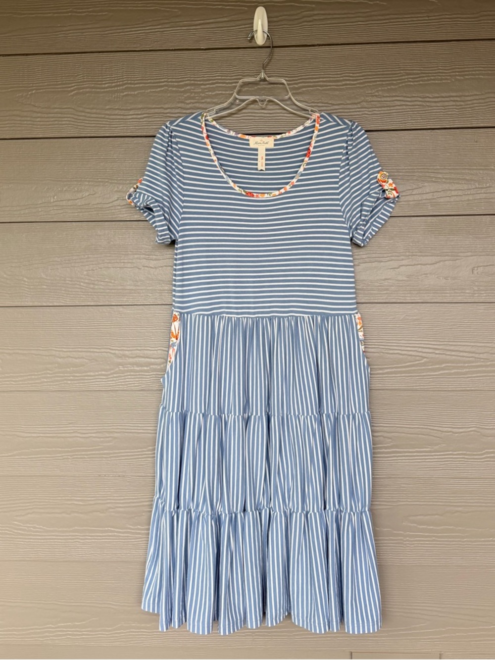 Marie Nicole Blue & White Striped Tiered Dress with Floral Trim Size Small